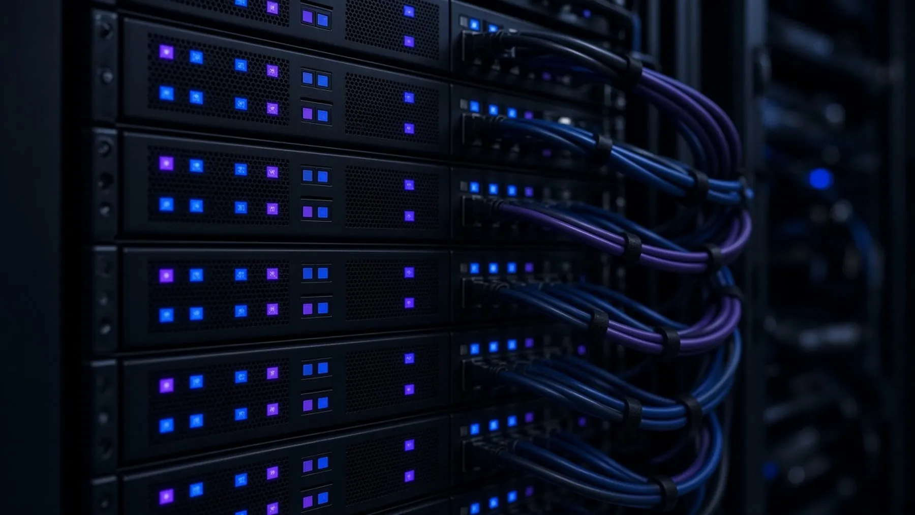 Cloud hosting infrastructure with server racks and neatly routed cables