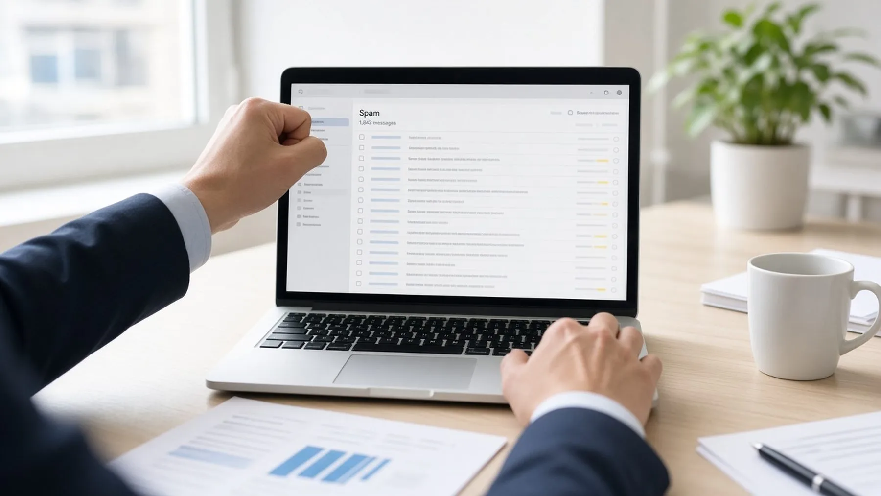 Laptop in a bright office showing business emails going to the spam folder