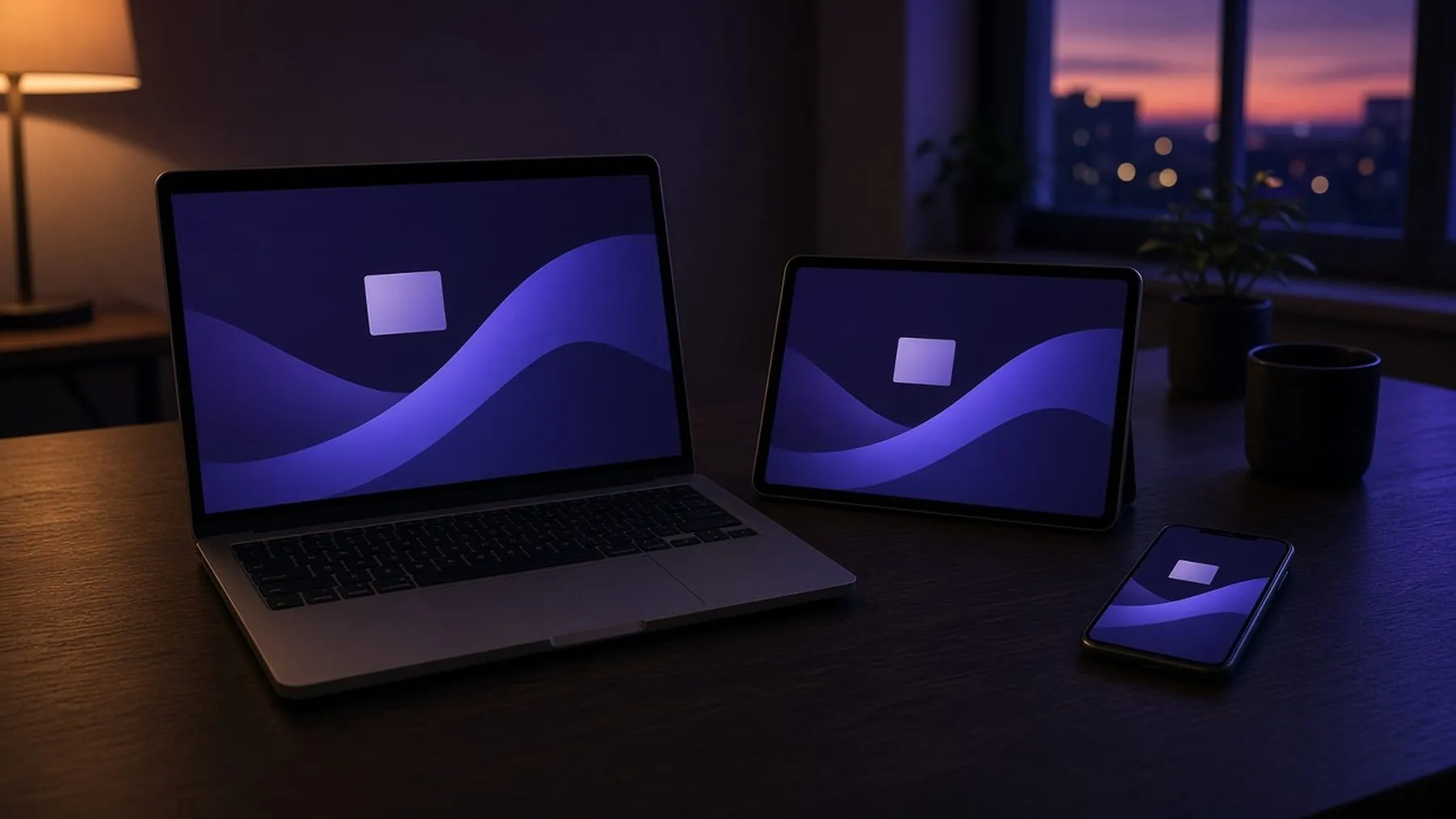 A laptop on a desk by a window at sunset