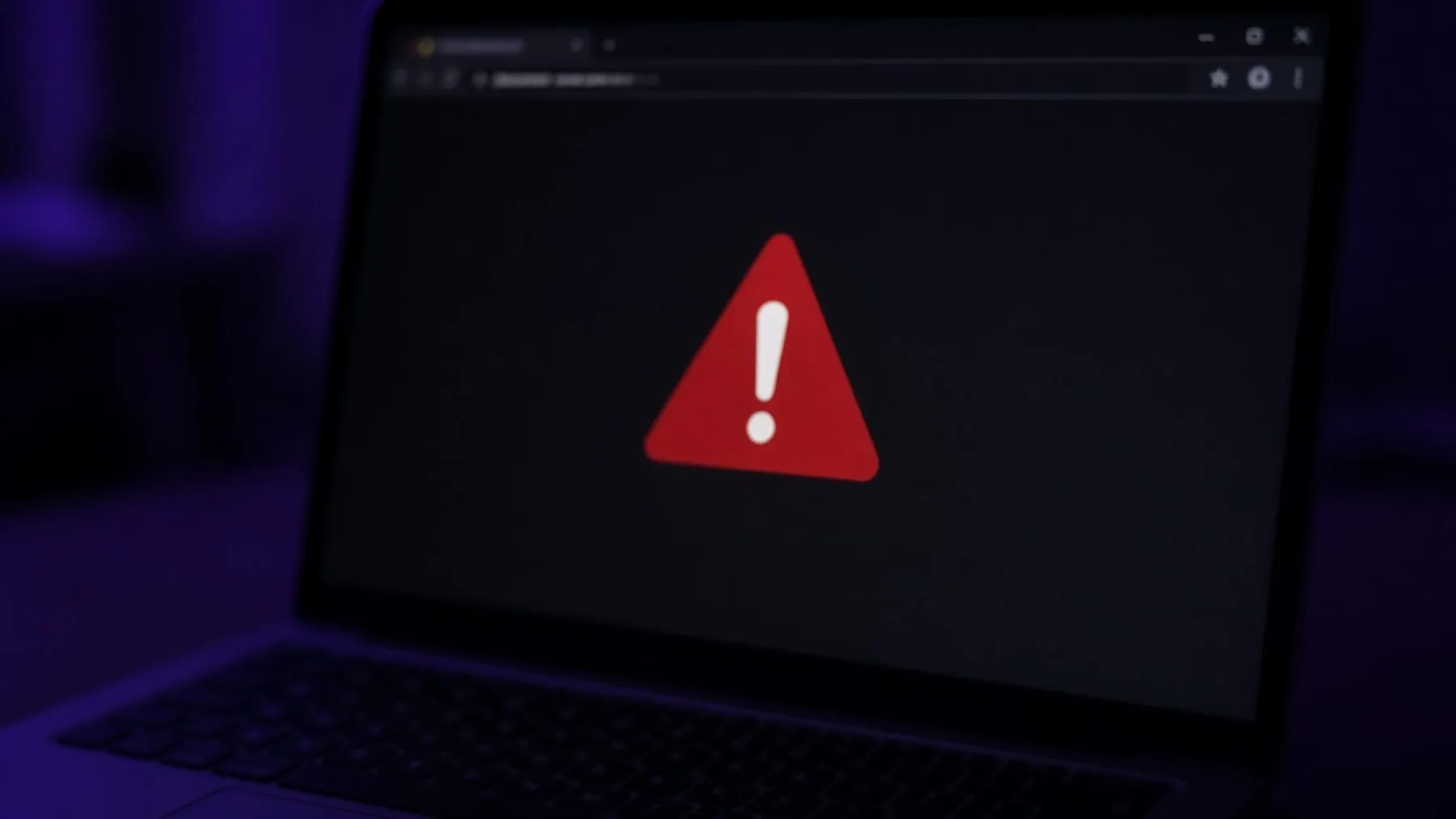 Laptop in a dark room showing a red Not Secure browser warning triangle