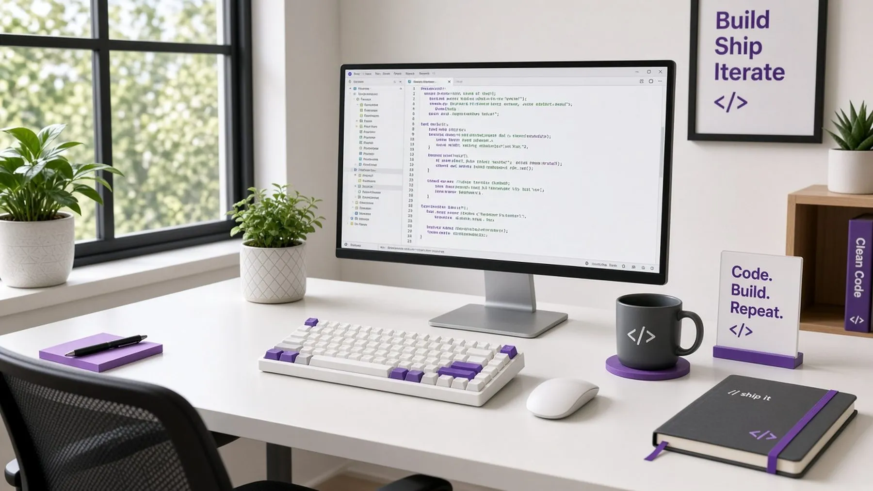 Web developer workstation with code on screen