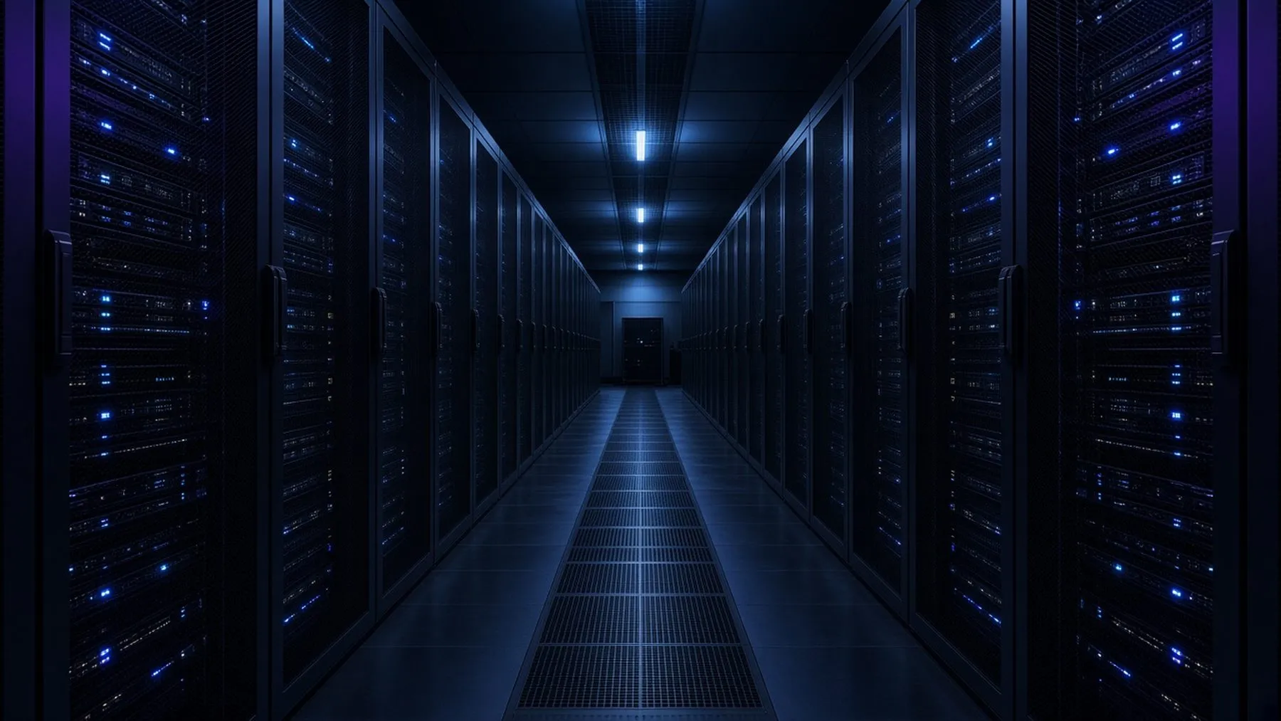 Web hosting server room with long rows of lit server racks