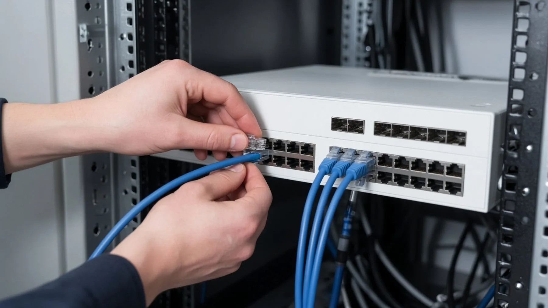 Technician plugging network cables into a switch during a website migration and DNS change